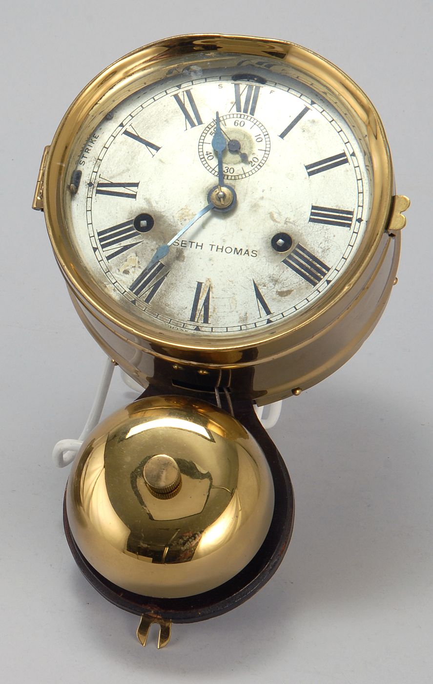 Appraisal: SETH THOMAS BRASS SHIP'S BELL CLOCK Late th CenturyDial marked