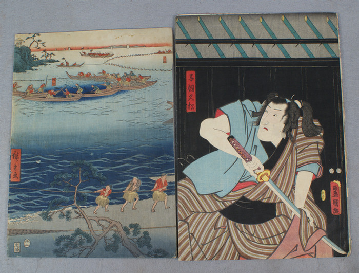 Appraisal: Japanese double sided triptych wood block print along with a