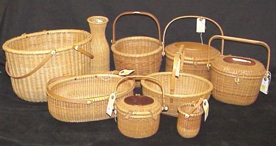 Appraisal: Nantucket style baskets including three purses with ivory fittings one