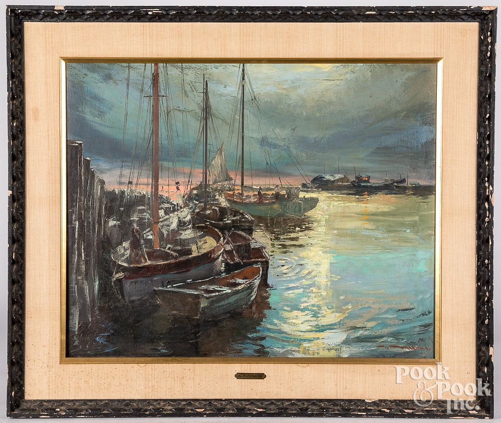 Appraisal: Stephen Juharos oil on canvas harbor scene Stephen Juharos American