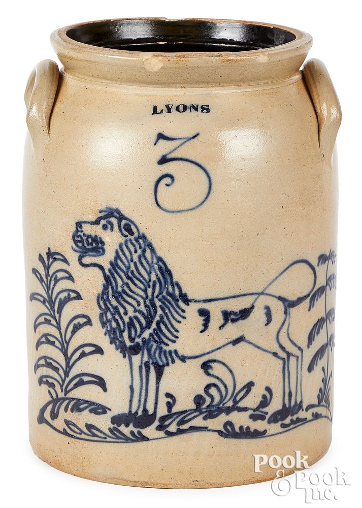 Appraisal: NY stoneware crock Lyons cobalt lion New York three-gallon stoneware