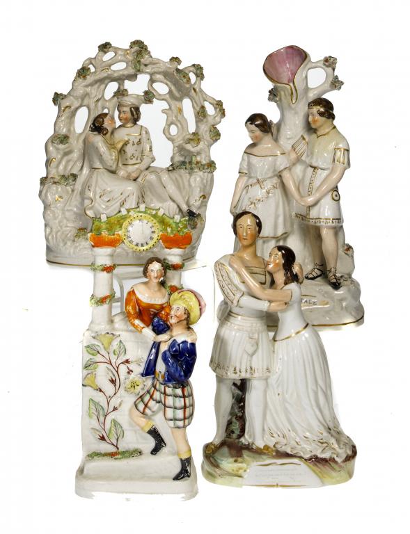 Appraisal: FOUR STAFFORDSHIRE GROUPS OF LOVERS comprising Charlotte Cushman - as