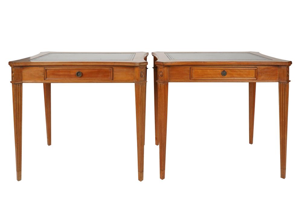 Appraisal: PAIR OF NEOCLASSIC FRUITWOOD SIDE TABLESeach with gilt-tooled black leather-inset