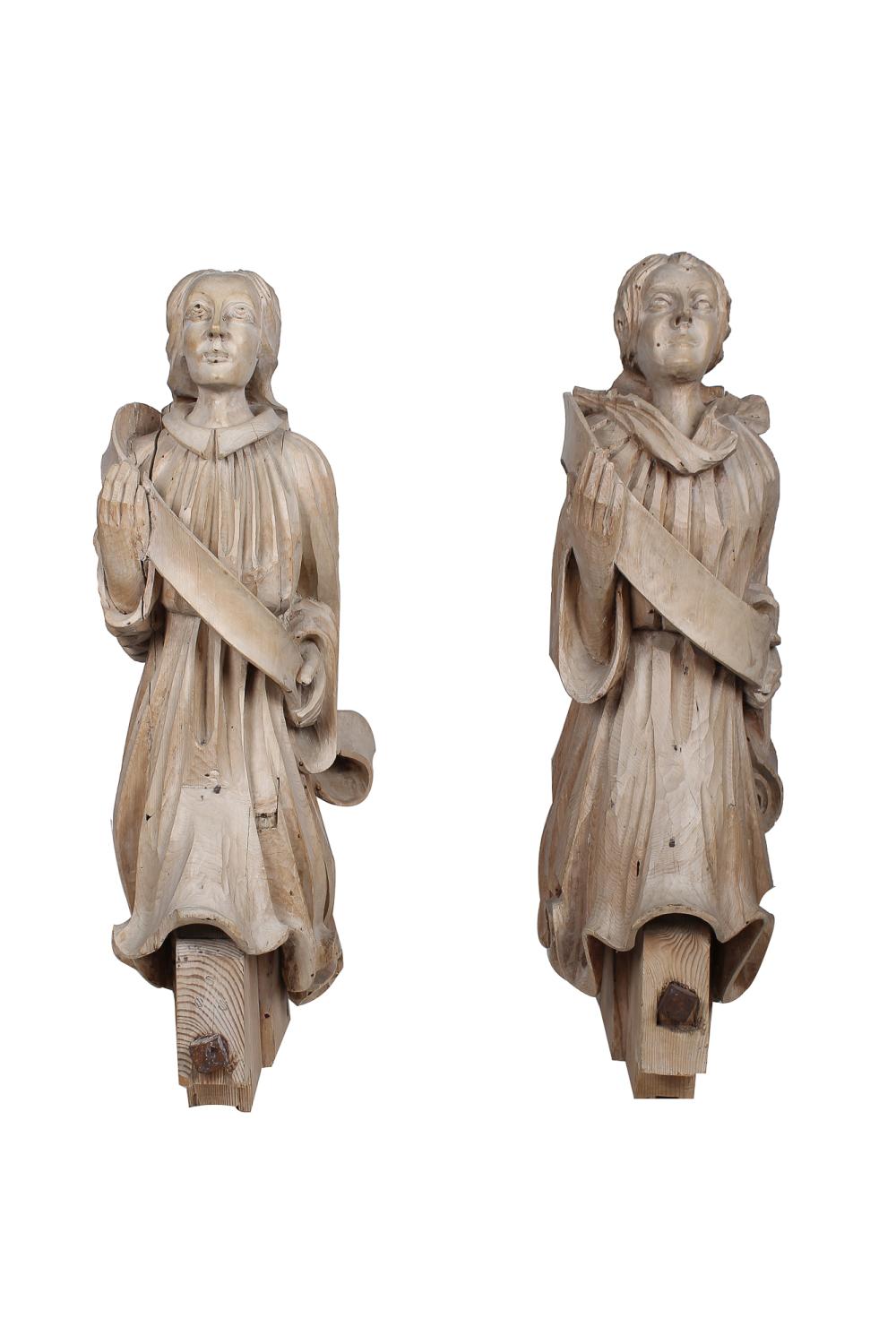 Appraisal: PAIR OF PICKLED CARVED WOOD FIGURAL ELEMENTSProvenance The Estate of