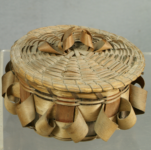 Appraisal: Native American round cedar bark basket with stained decoration d