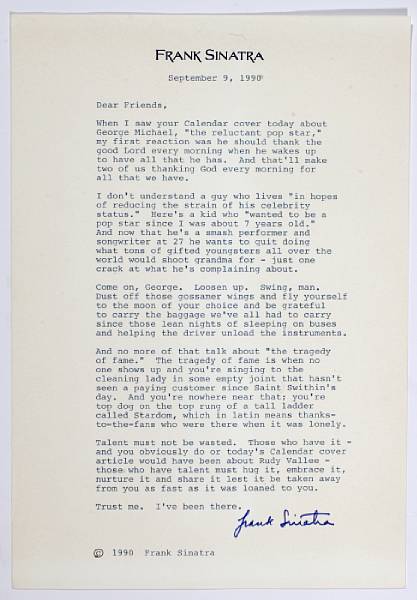 Appraisal: A Frank Sinatra signed letter about George Michael sent to