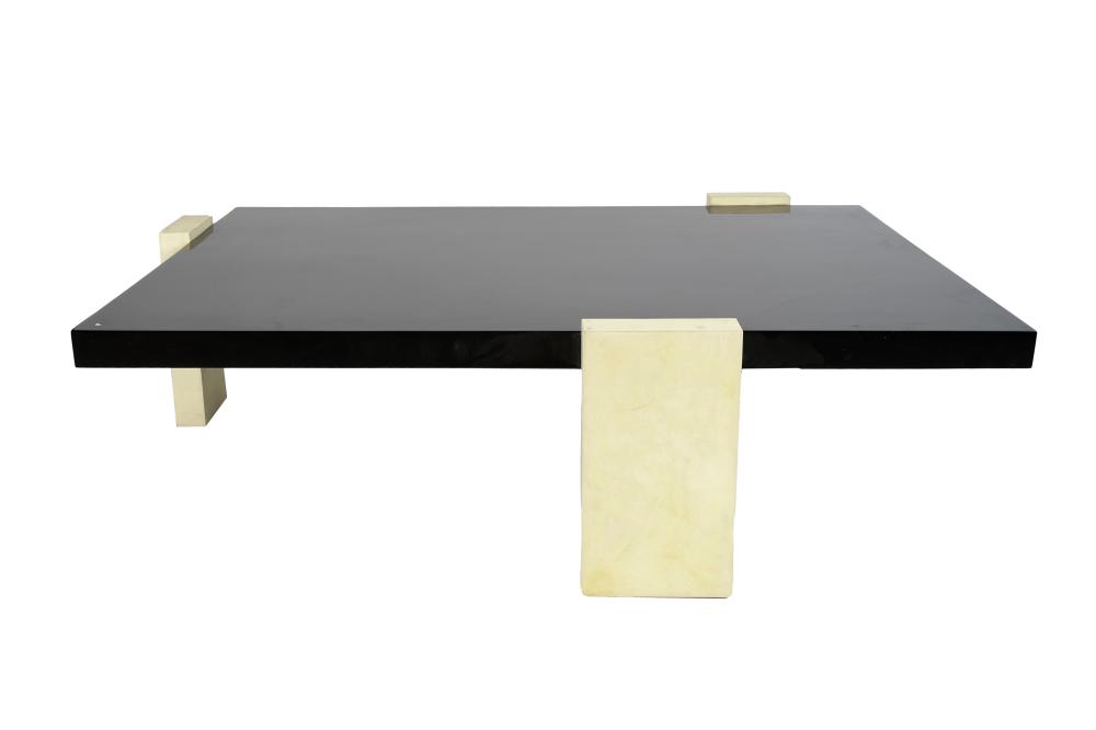 Appraisal: MODERNIST LACQUERED GOATSKIN COFFEE TABLEhaving three legs inches wide inches