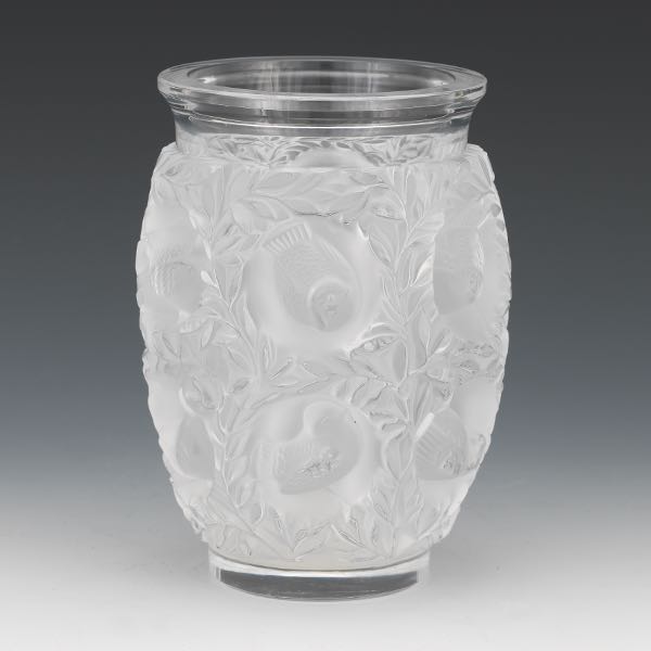 Appraisal: LALIQUE CLEAR AND FROSTED CRYSTAL VASE BAGATELLE PATTERN Rounded shape