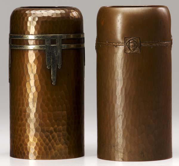 Appraisal: ROYCROFT Two hammered copper cylindrical vases designed by Karl Kipp