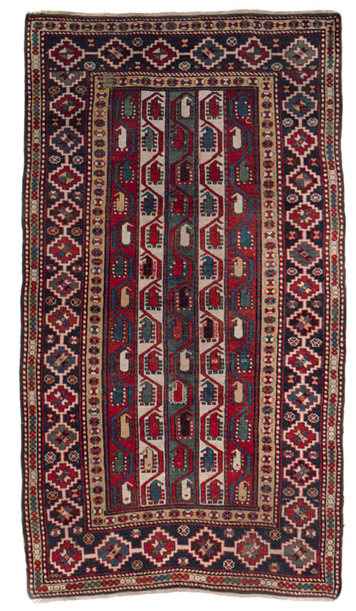 Appraisal: Kazak throw rug ca with five boteh decorated columns within