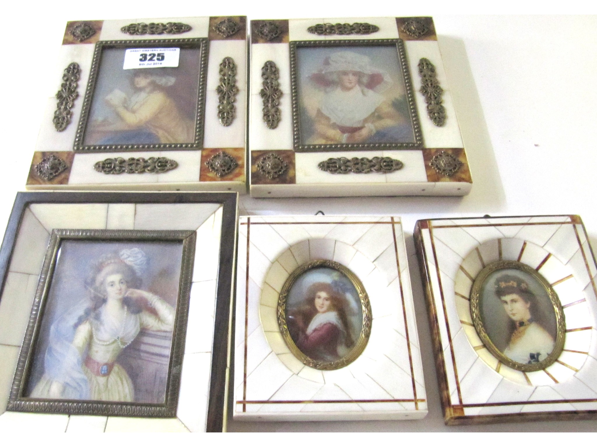 Appraisal: A lot comprising five assorted portrait miniatures in ivorine frames