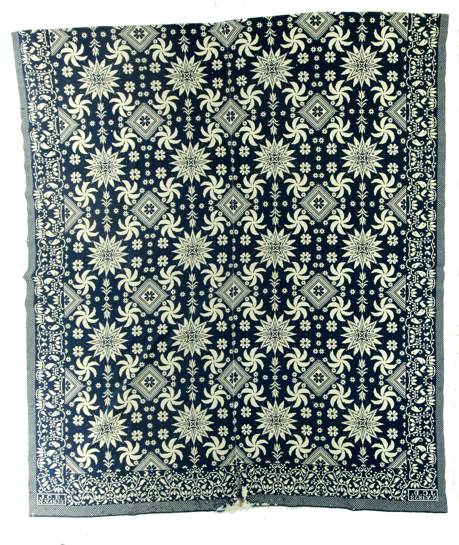 Appraisal: NEW YORK JACQUARD COVERLET Dated wool and cotton Center seam