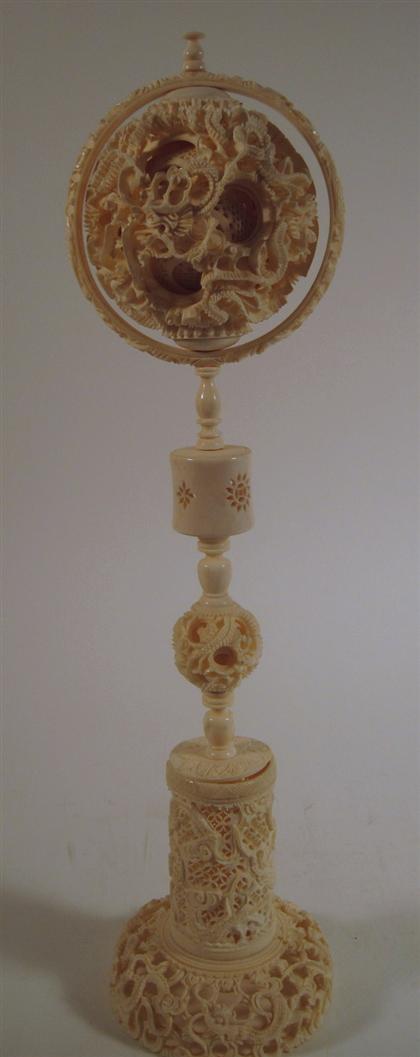 Appraisal: Chinese carved elephant ivory puzzle ball on standTwo parts multi-ball