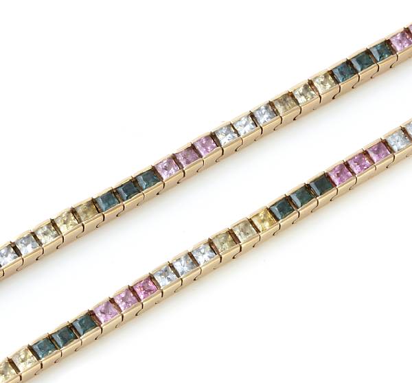 Appraisal: A collection of two rainbow gem-set and gold bracelets length