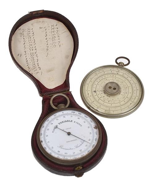 Appraisal: BELGIUM LEATHER CASED ANDEROID BAROMETER AND CIRCULAR SLIDE RULE