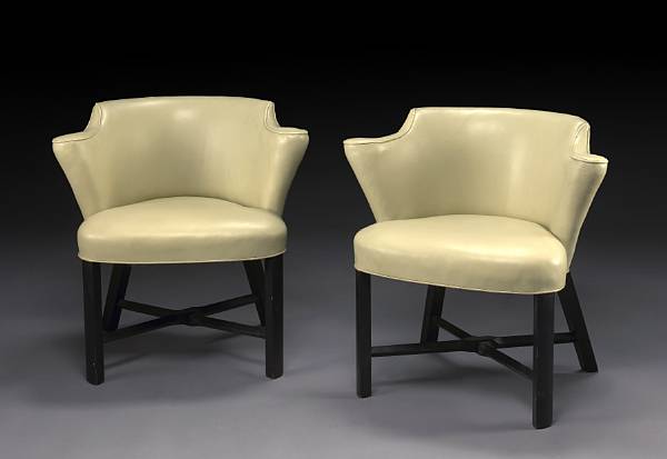 Appraisal: A set of eight Art Deco cream leather upholstered ebonized