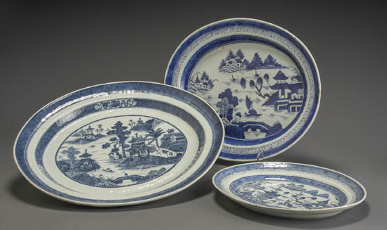 Appraisal: Group of Three Chinese Export Canton Blue and White Oval