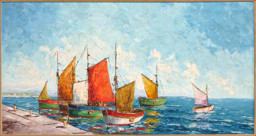 Appraisal: LAYE TH CENTURY SAILBOATS Oil on canvas signed lower left