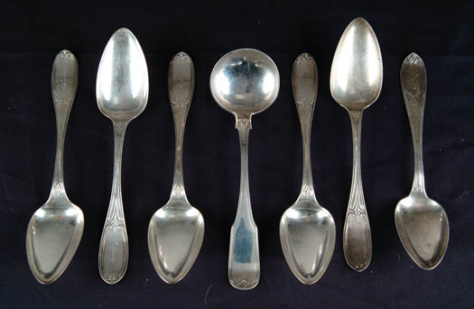 Appraisal: SEVEN PIECES OF EARLY STERLING Includes five - tablespoons marked