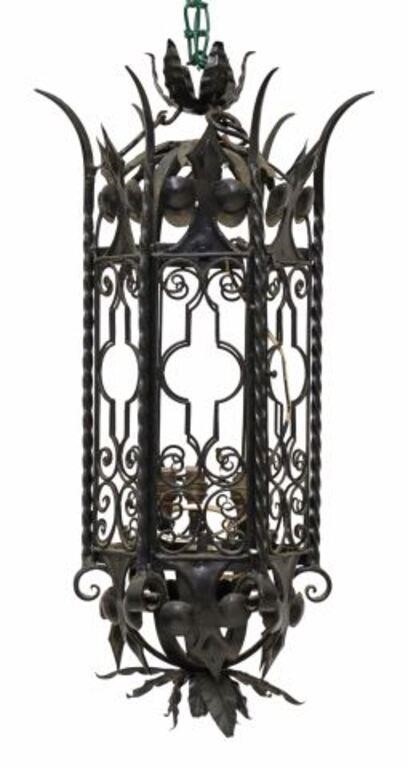 Appraisal: French Gothic Revival wrought iron three-light chandelier hanging lantern early