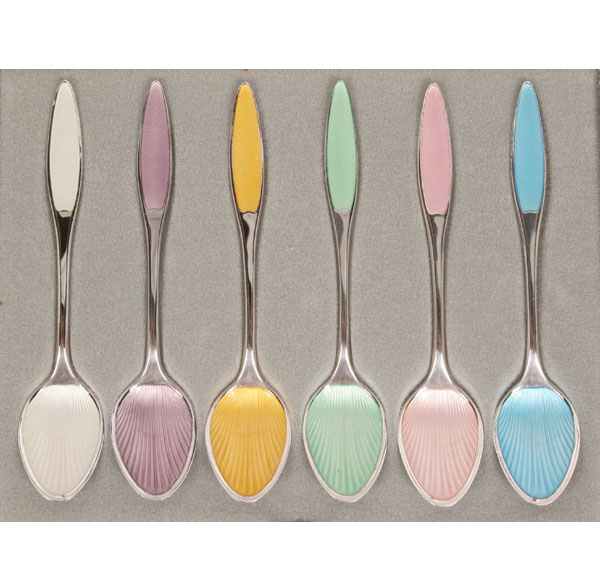 Appraisal: Six Frigast Danish sterling silver spoons multi-color enamel decoration on