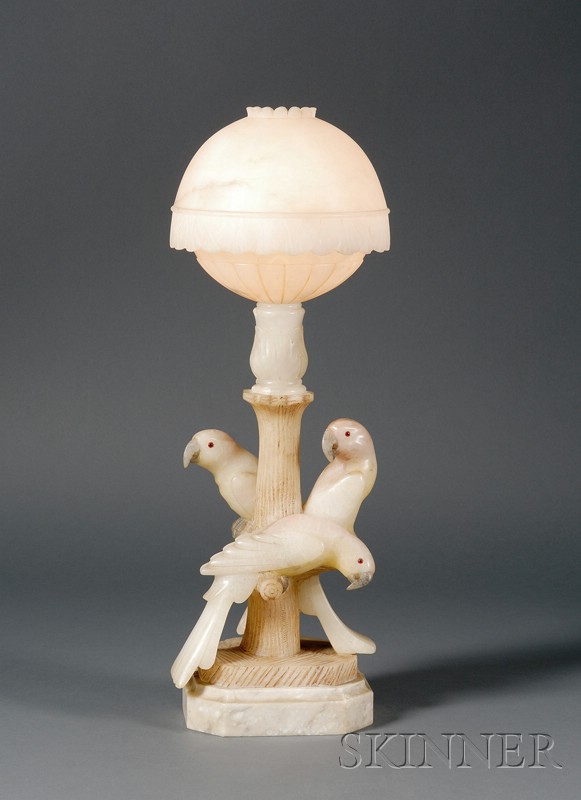 Appraisal: Art Deco Parrot Lamp Alabaster c Domed shade over single