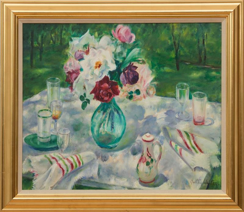 Appraisal: MARTHA WALTER - GARDEN PICNIC TABLE Oil on canvasboard signed