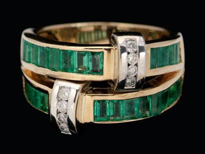 Appraisal: Emerald diamond ring interlocking bands set with rectangular emeralds total