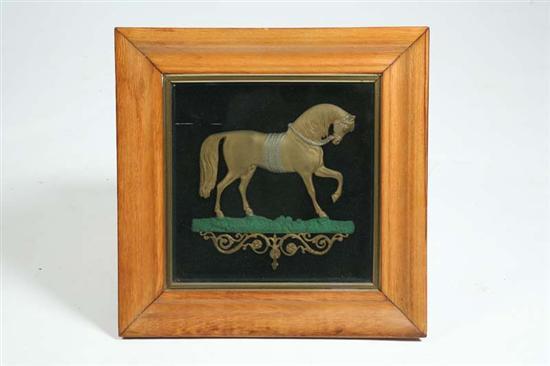 Appraisal: FRAMED METAL HORSE Cast relief of a prancing horse possibly