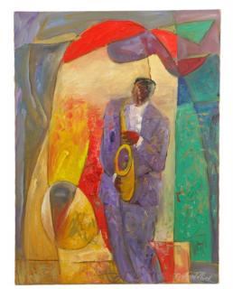 Appraisal: William Tolliver Sax Man Oil on Canvas William Tolliver American