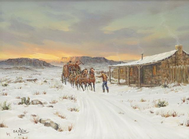 Appraisal: Framed oil painting on canvas Sliding In winter stage coach