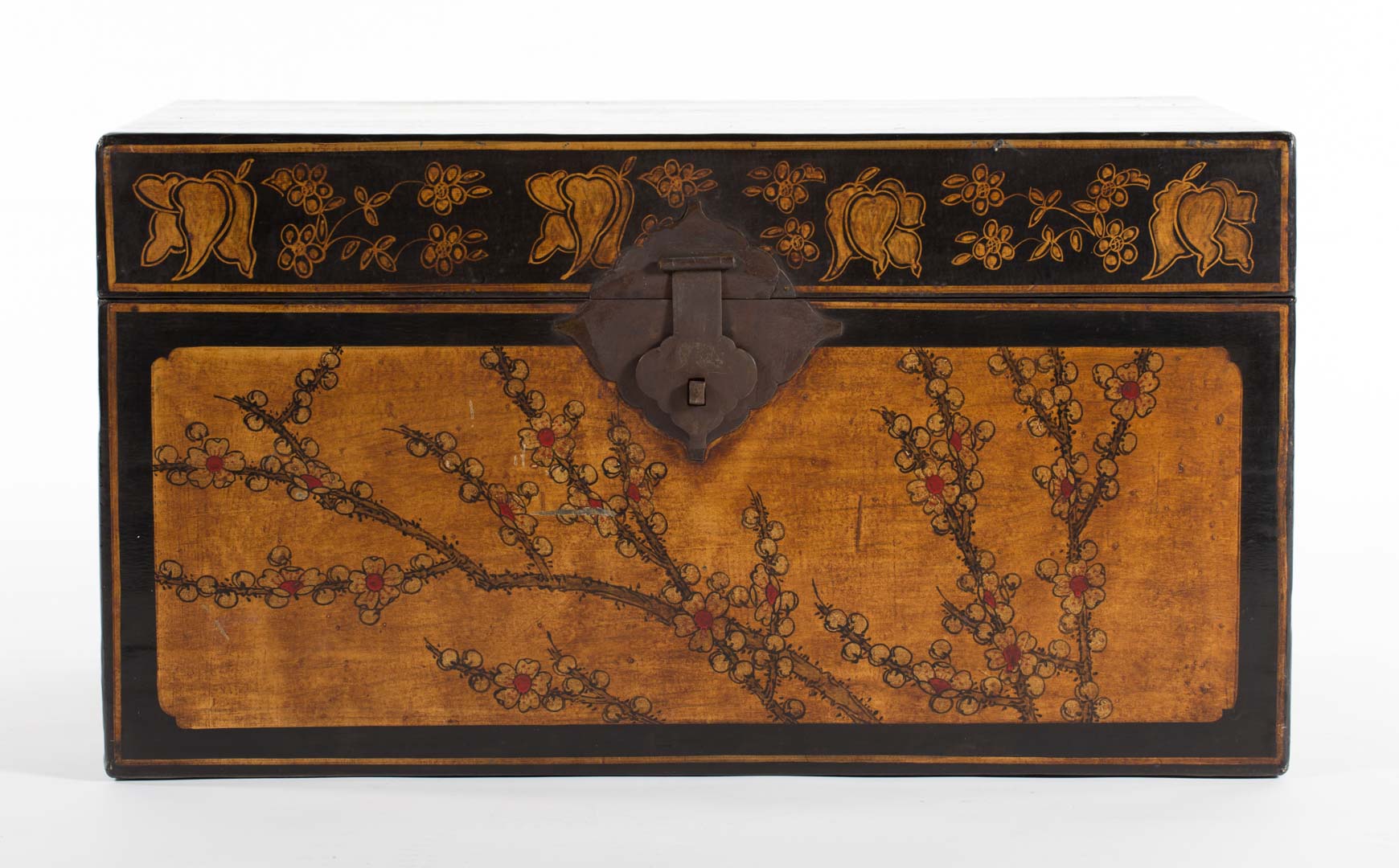 Appraisal: Chinese painted leather and wood chest with prunus and calligraphy