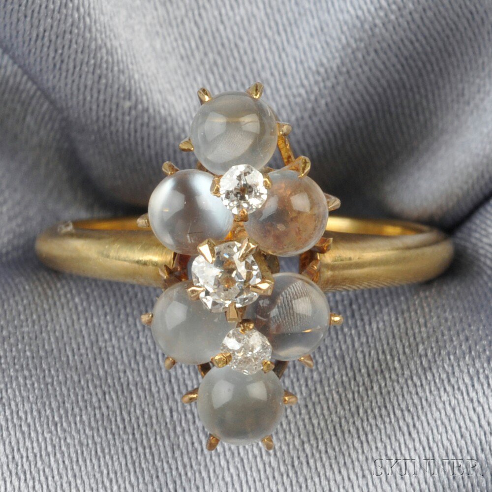 Appraisal: Edwardian kt Gold Moonstone and Diamond Ring navette form set