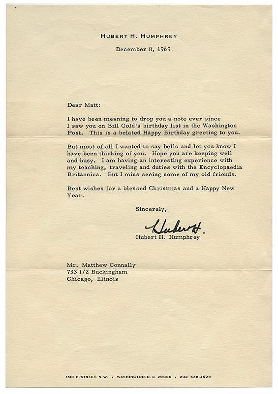 Appraisal: Hubert Humphrey Signed Letter Humphrey Hubert H Hubert Humphrey Signed