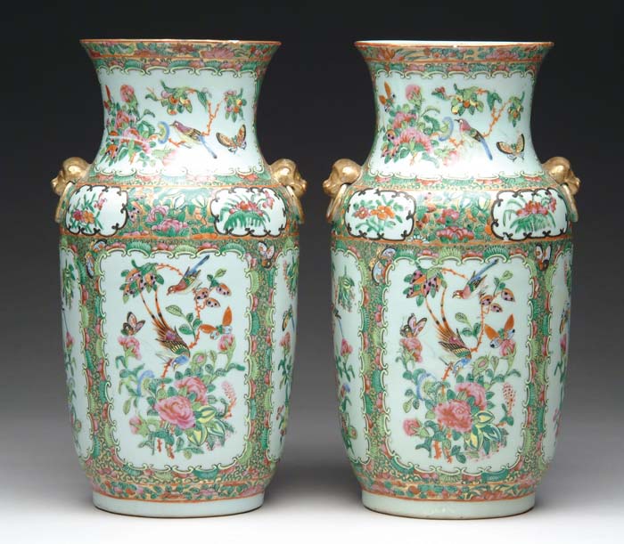 Appraisal: PAIR OF ROSE FAMILE VASES Large vases in slightly tapered