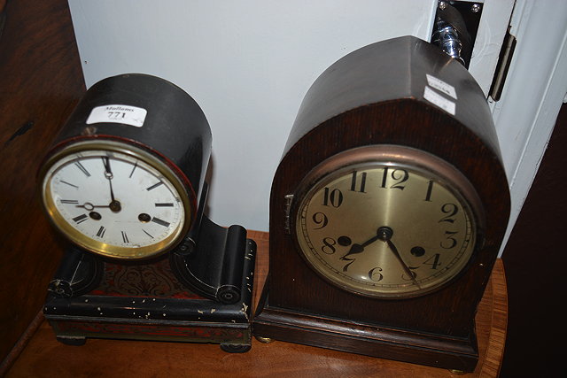 Appraisal: Boulle and ebonised mantel clockwith drum dial and striking mechanism