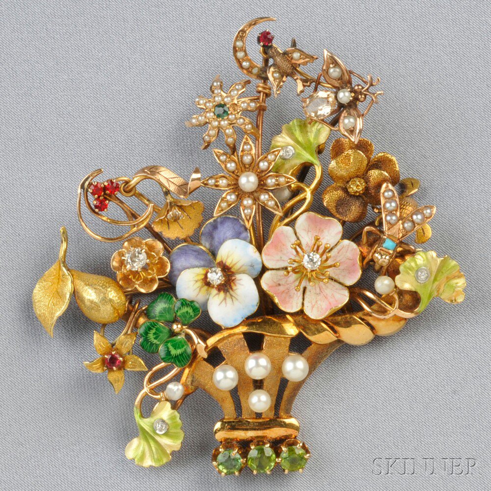 Appraisal: kt Gold Gem-set Stickpin Brooch designed as a flower basket