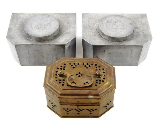 Appraisal: ASIAN three metal boxes pair pewter pentagonal boxes each with