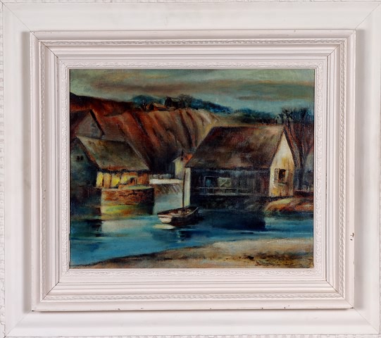 Appraisal: Little Cove village with boat oil on canvas x SLR