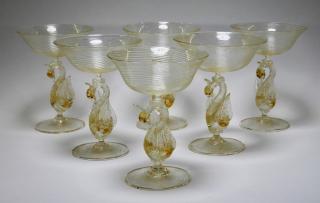 Appraisal: Venetian Aventurine Swirl Swan Stem Glasses ITALY EARLY TH CENTURY