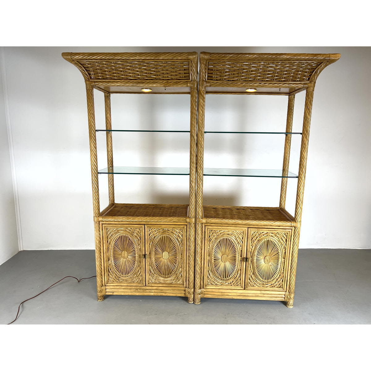 Appraisal: Pr Fancy Woven Rattan Etageres Display Shelf Units Bottom doors