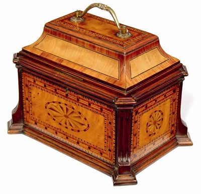 Appraisal: A late th century satinwood tulipwood and parquetry tea caddy