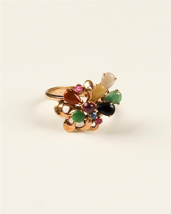 Appraisal: A Gold Jade Ruby and Sapphire Ring having multicolor jade