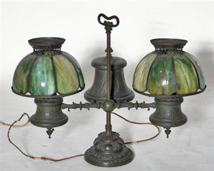 Appraisal: Bronze double student table lamp late th century Centering a