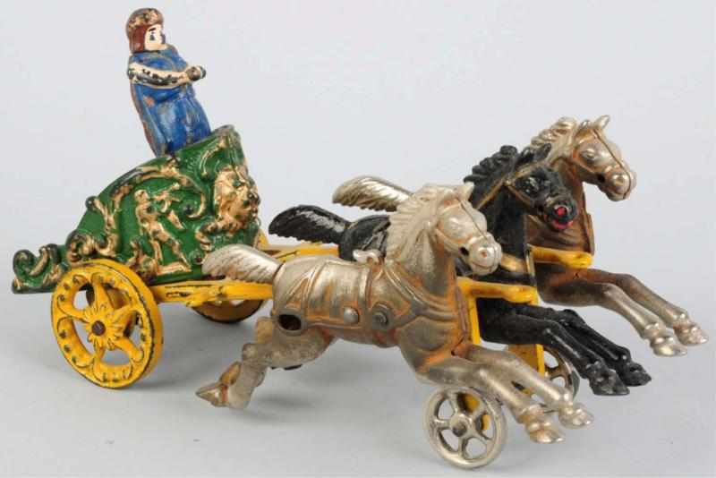 Appraisal: Cast Iron Horse-Drawn Chariot Toy American Pulled by three stationary