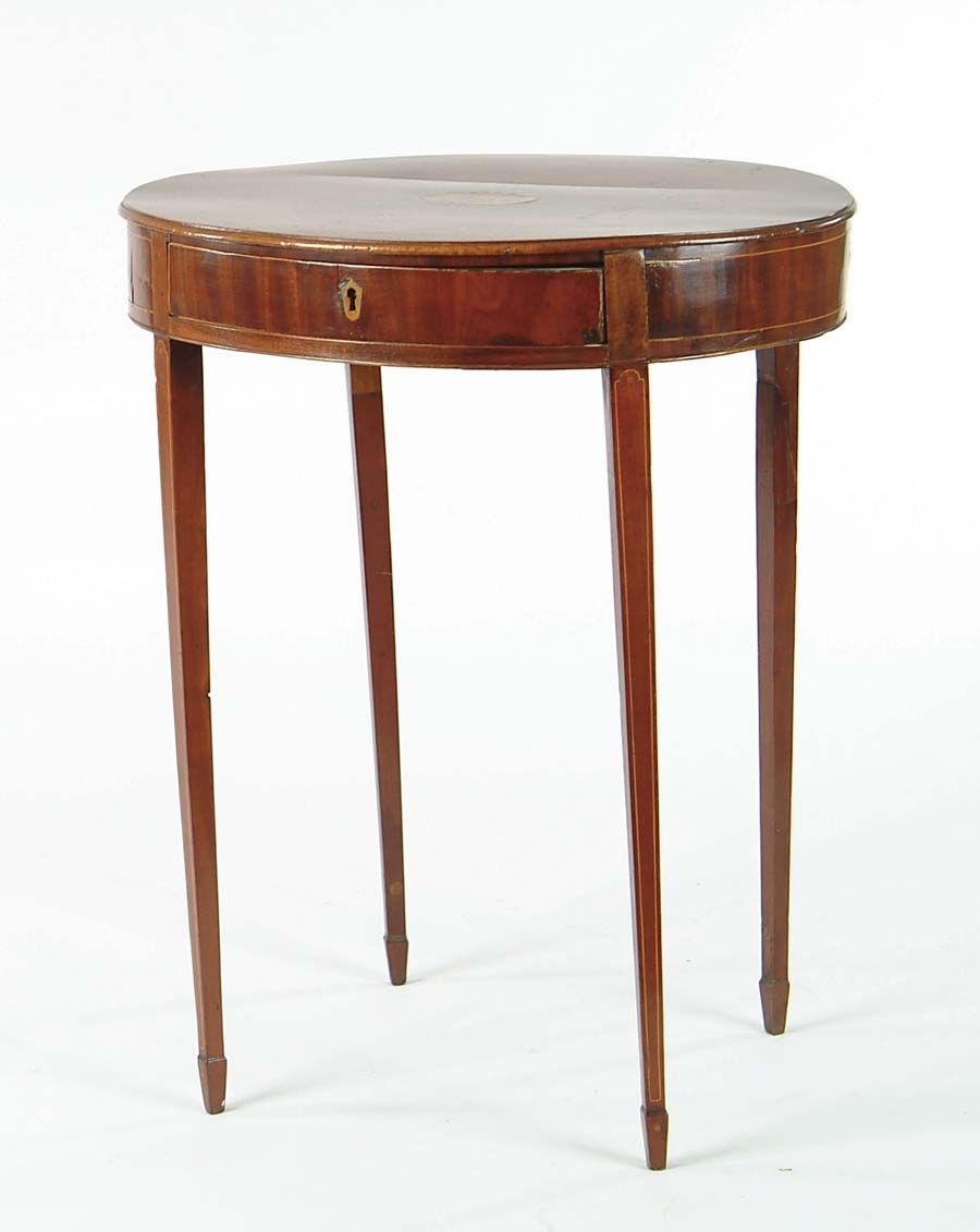 Appraisal: ONE DRAWER HEPPLEWHITE INLAID MAHOGANY STAND Oval top stand has