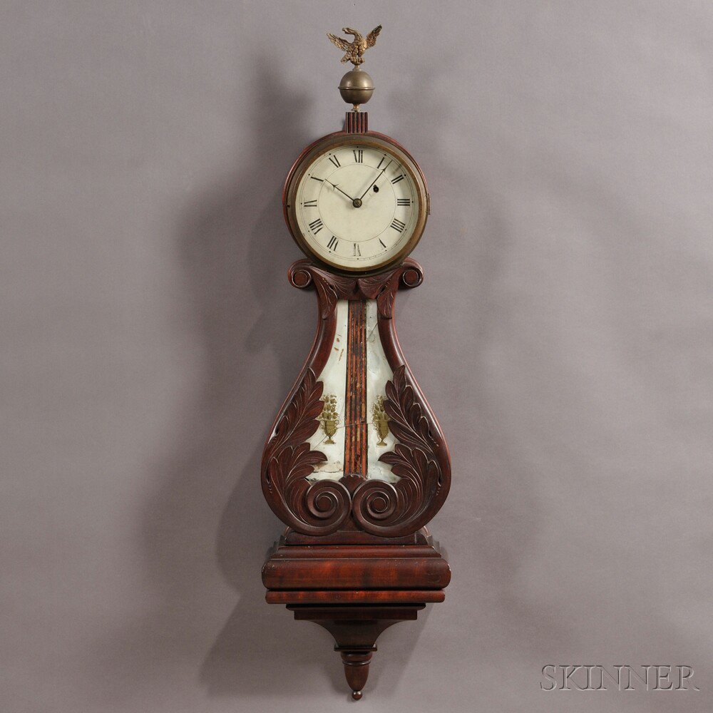 Appraisal: Mahogany Harp Pattern or Lyre Clock Attributed to John Sawin