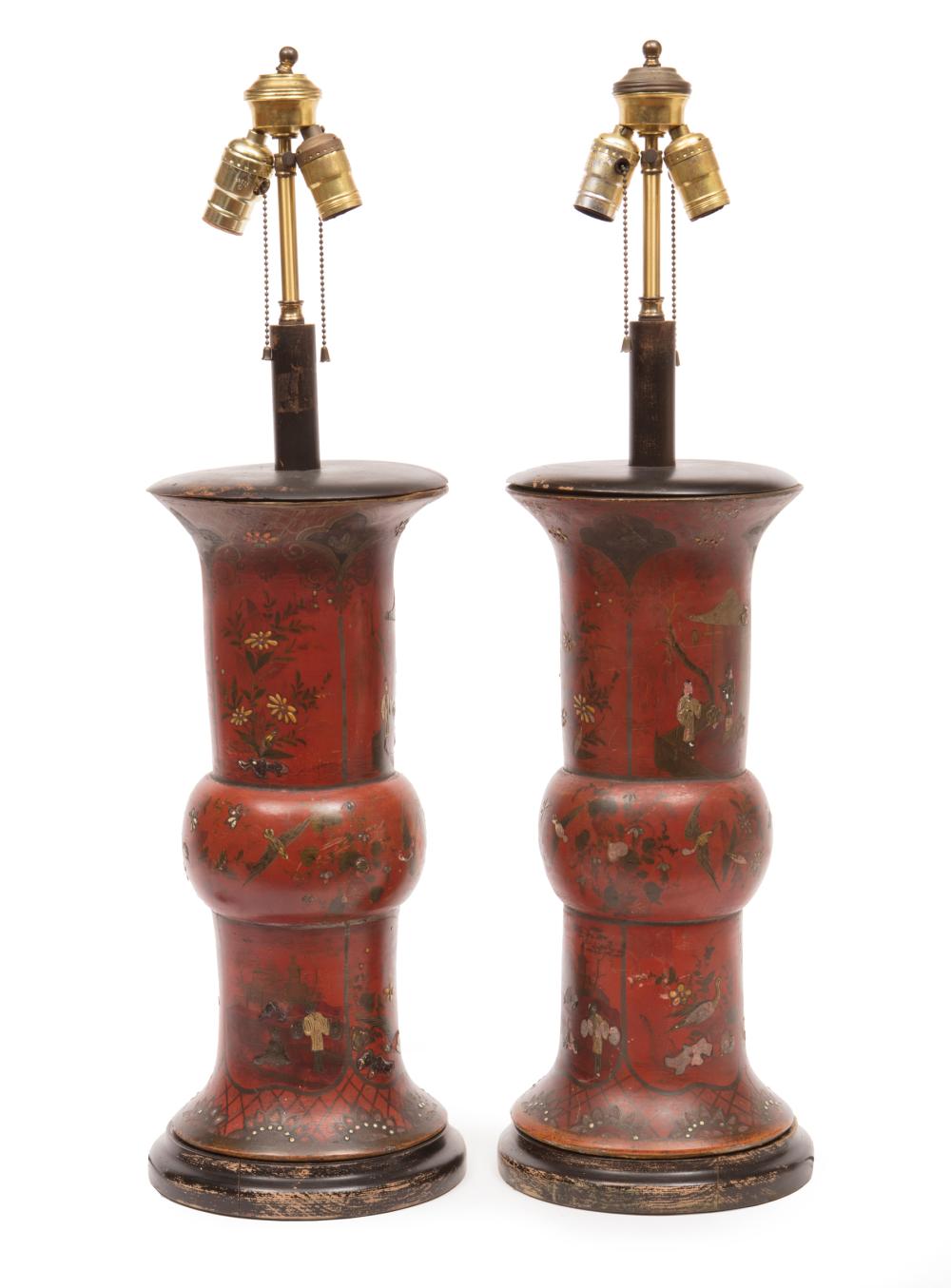 Appraisal: Decorative Pair of Chinese Painted and Lacquered Pottery Gu-Form Vases