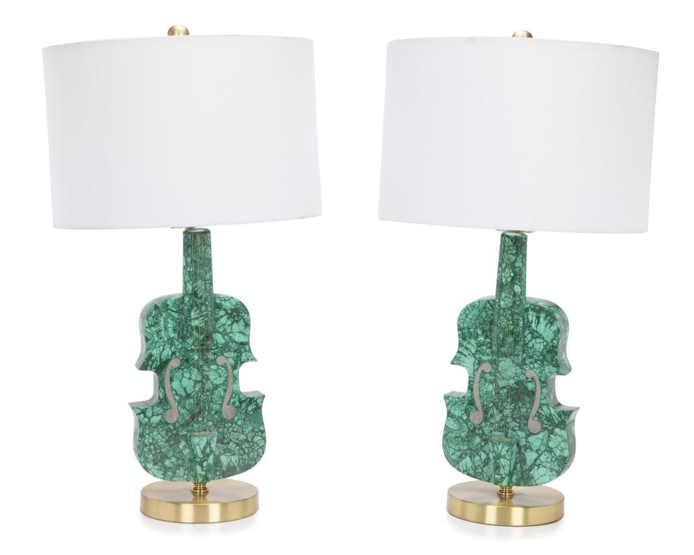 Appraisal: A pair of malachite violin-form table lamps th Century Each