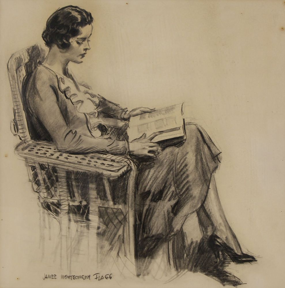 Appraisal: JAMES MONTGOMERY FLAGG AMERICAN - Charcoal on Paper Woman Reading